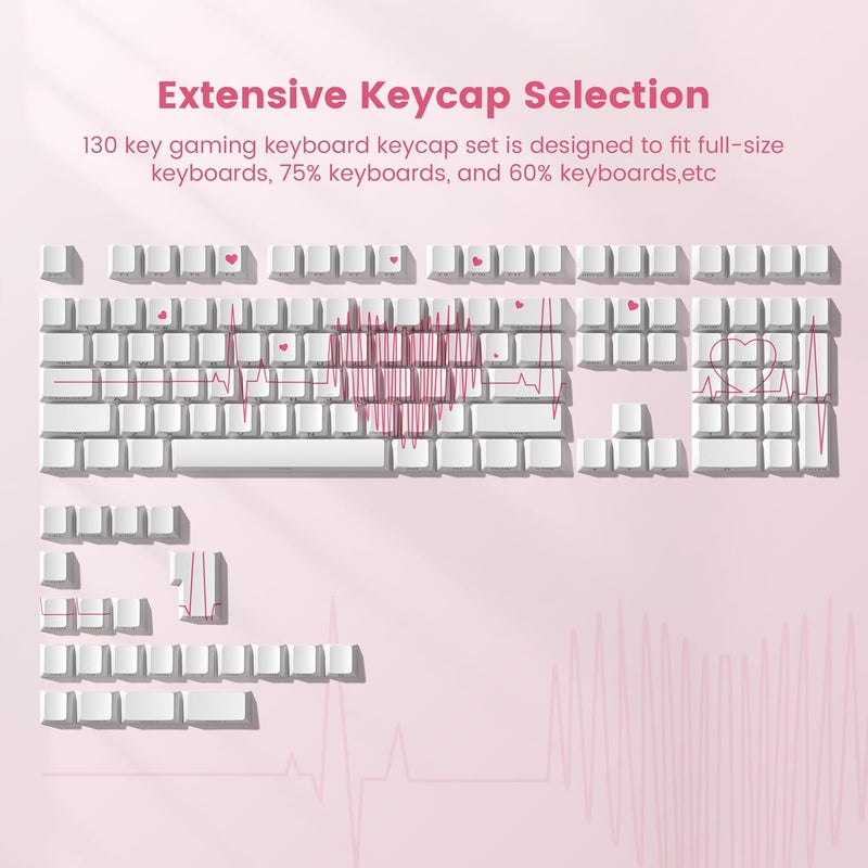 Rainy75 PBT Keycaps-Cherry Key Caps Side Print, Heart Design Dye Sublimation 130 Keys Set for Cherry Gateron MX Switches Keyboards, White - Image 5